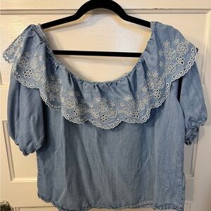 Blue Chambray Off-Shoulder Top with Embroidered Details -UEC
